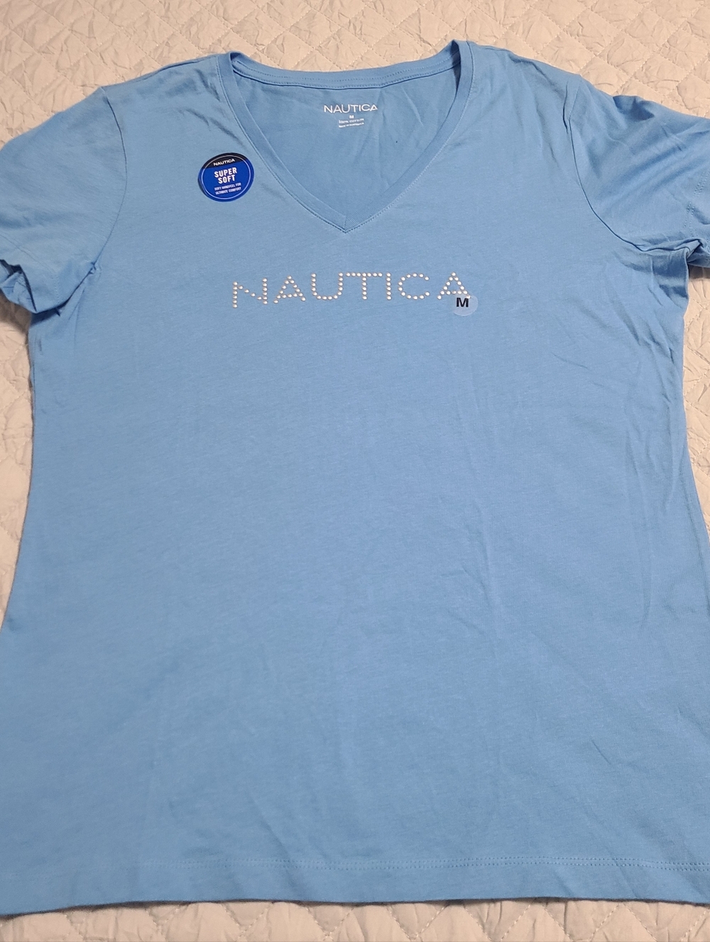 NWT Nautica Women Studded Logo V-Neck Comfy Soft Cotton Light Blue T-shirt Sz M